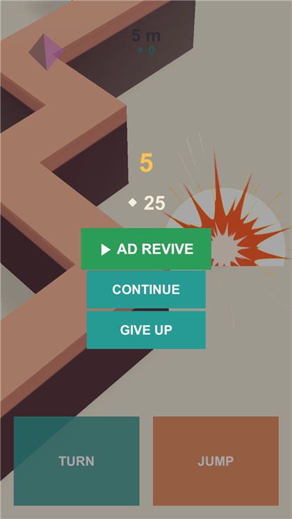 ZigZag & Jump 부활 제안 화면 — 5초 카운트다운, 크리스탈 비용 25, AD REVIVE·CONTINUE·GIVE UP 버튼